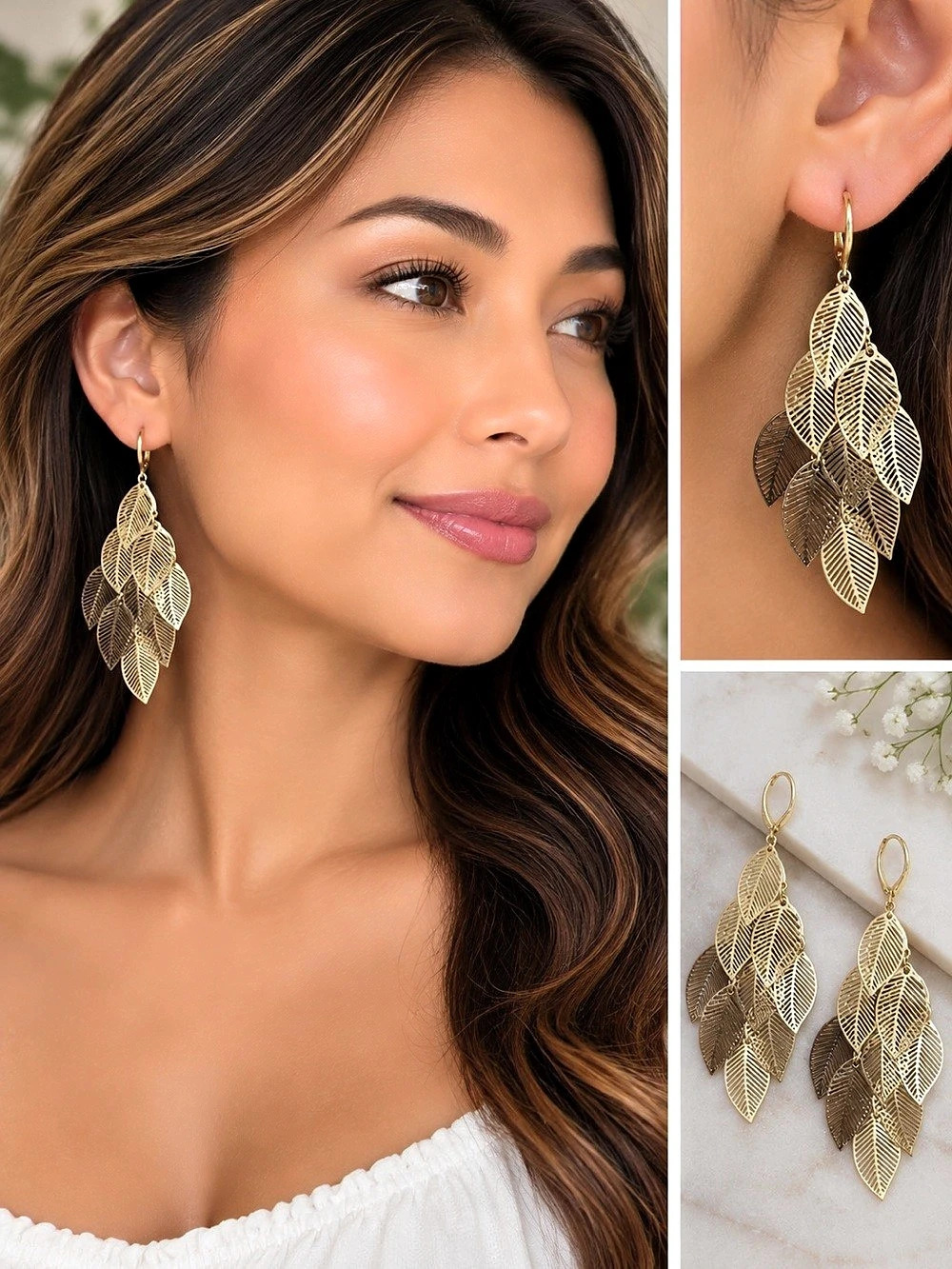 Leaf Drop Earrings in Gold Like New